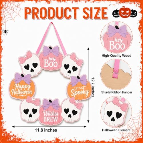 Pink Halloween Decor, Wooden Skull Pumpkin Bow Wreath Door Hanging Sign