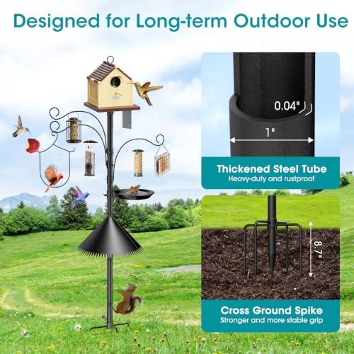 76 Inch Bird Feeder Pole Squirrel Proof, Heavy Duty Bird House Pole, Adjustable Bird Feeder Stand with 3 Shepherds Hooks, Mental Trays, Hummingbird Swing