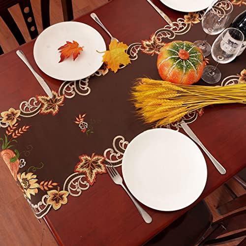Simhomsen Brown Embroidered Thanksgiving Harvest Pumpkins Table Runners for Autumn Or Fall Decorations (14 × 54 Inches)