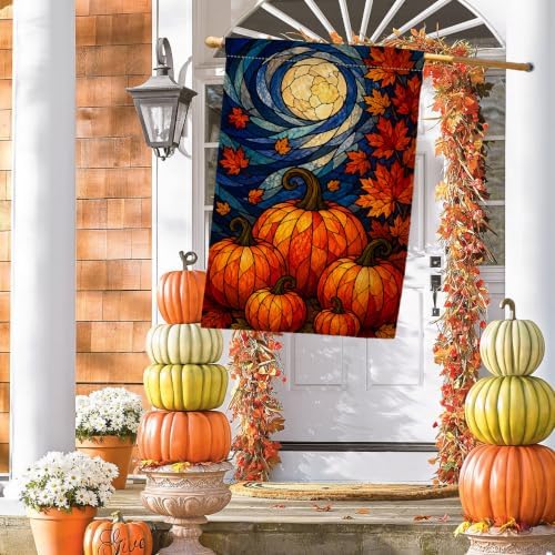 Fall Stained Glass Pumpkin House Flag 28x40 Harvest Moon Maple Yard Decor