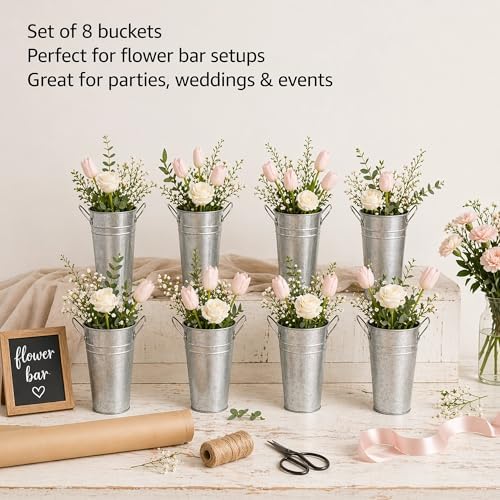 Galvanized Flower Bucket Set of 8, 10.6" Tall Metal Floral Buckets with Plastic Liner, 5.9" Top Opening, Tabletop Buckets for Flower Bar, Wedding Centerpieces, Bouquet Display