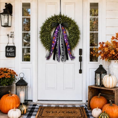 Halloween Wreath Sash Front Door Ribbon Bow Purple Streamer Decor