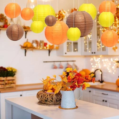 21Pcs Fall Paper Lanterns, 4-10in Yellow Orange Brown, Thanksgiving Decor