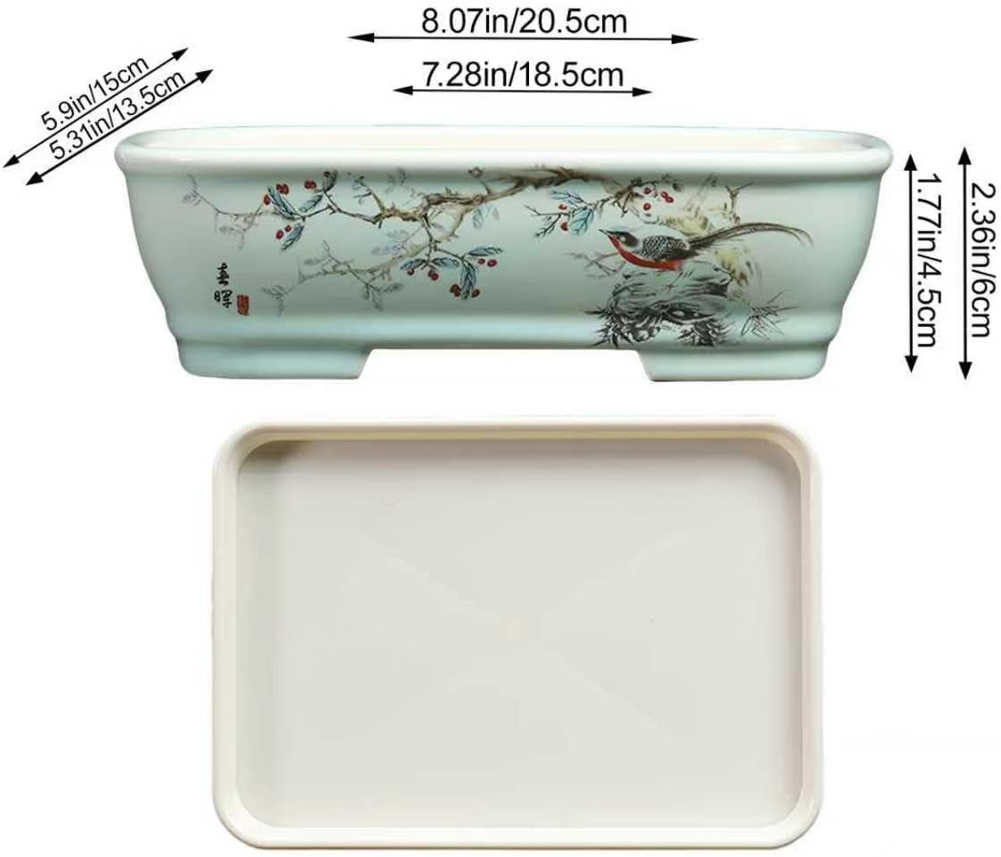 8" Bonsai Pots with Tray, Rectangular Planter in Blue & White | 8" glazed ceramic bonsai pots with tray, large shallow