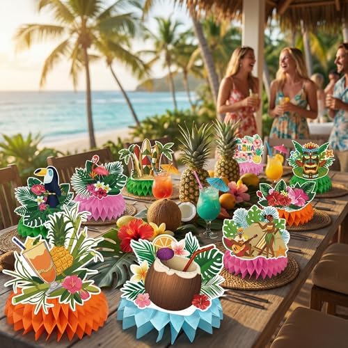 Luau Party Decorations - 9 PCS Hawaiian Honeycomb Table Centerpiece for Tiki and Love Island Hawaiian Theme Party Favors Supplies | Tropical Party Decorations for Summer Beach Pool Birthday Wedding