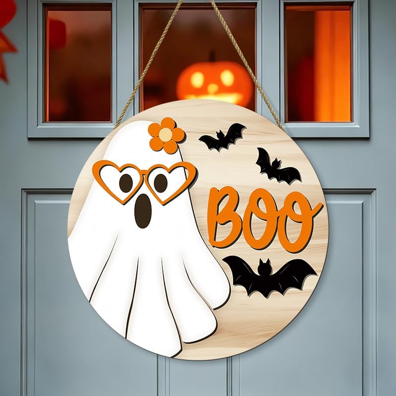 Halloween Boo Ghost Wooden Door Hanger Sign,Cute Ghost with Heart Glasses Flower Bat Round Front Door Wreath Decor,Spooky Farmhouse Wooden Hanging Sign for Home Porch Wall Halloween Party Decorations