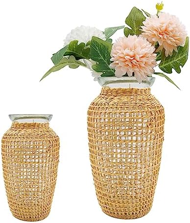 MDEOOSKY Straw Woven Glass Vase 7.9''x2.36''x3.5''Boho Glass Flower Vase Country Rustic Style Vase Glass Vase for Floral Arrangements Bottle Height (A Style 7.9IN)
