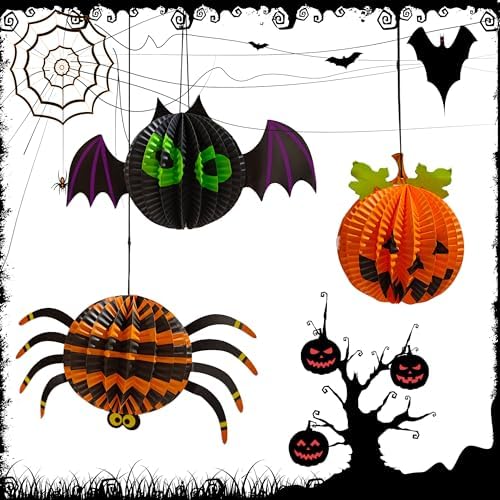 AIMI Halloween 3D Hanging Paper Lanterns 6 Pack Pumpkin Spider Ghost Bat