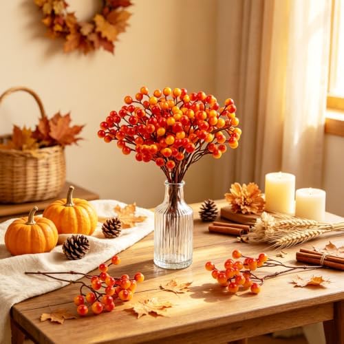 Fangoo 20 Pack 7 Inch Fall Artificial Orange Berry Stems Orange Berries Picks Holly Berry Branches Decorations for Tree Ornaments Fall Bouquets Wreath DIY Crafts Thanksgiving Harvest Autumn Home Decor