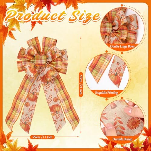 Suncalla 4 Pack Large Thanksgiving Wreath Bows Pre Tied Fall 21x11 Inch Wired Ribbon Decorative Autumn Tree Topper Bow for Front Door Indoor Outdoor Harvest Decorations(4 Pack)
