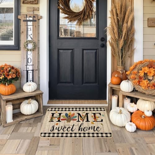 ORTIGIA Thanksgiving Turkey Doormat Home Sweet Home Indoor Outdoor Patio Fall Autumn Welcome Door Mats Non-Slip Durable Entrance Mat for Home Entrance Outside Entry Yard Floor Patio 17x36 INCH