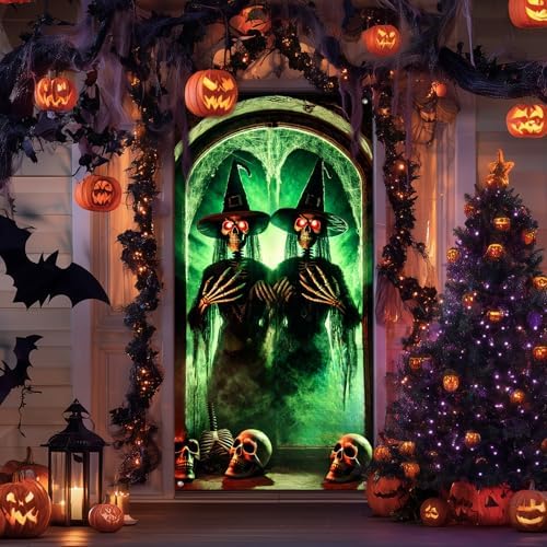 BlissYard Door Cover Skeleton Witch Haunted House 35x71 Inch Polyester