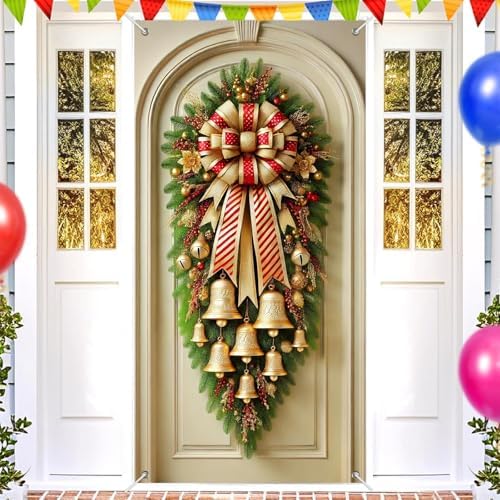 BlissYard Christmas Bells Wreath Door Cover 35x71 Inch Elegant Holiday Doors Banner Festive Gold Bells Door Decorations Polyester Fabric Doors Mural Wall Hanging Traditional Xmas Decor