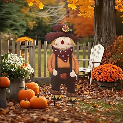 TERESA'S COLLECTIONS Fall Outdoor Decor,Scarecrow for Garden Decorations Metal Stakes,Thanksgiving Decorations,Brown Harvest Yard Signs for Lawn Patio,24"