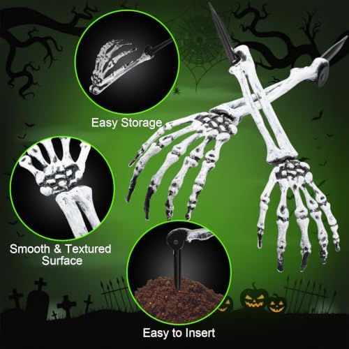 Wonderjune 6 Pcs Skeleton Hands Stakes Halloween Yard Decor, Black White
