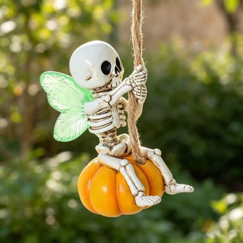 Swing Fairy Skeleton Garden Statue with Luminous Wings, 2.76 Inch Cute Small Skeleton Figurine Resin Sculpture Funny Tree Hanging Ornaments for Patio Lawn Yard Outdoor Halloween Decor