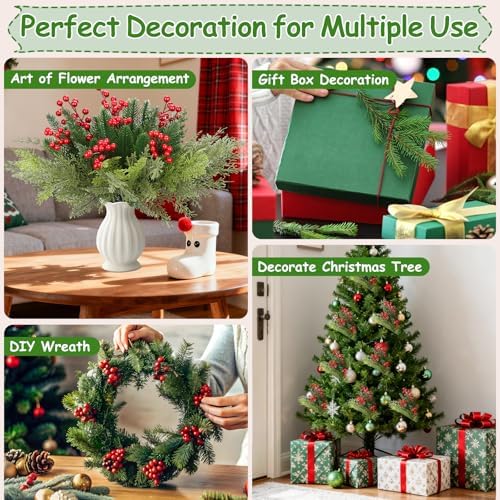 70 PCS Artificial Pine Branches with Berries, Christmas Greenery Fake Pine Needle Faux Red Berry Stems, Christmas Floral Picks for DIY Crafts Wreath Garland Home Décor