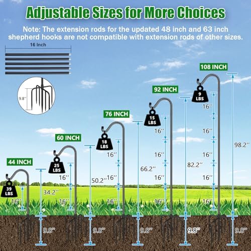 FEED GARDEN Adjustable Shepherd Hook Bird Feeder Pole with 7 Prongs Base, 108 Inch Tall 5/8 Inch Thick, Heavy Duty Outdoor Garden Poles for Hanging Bird Feeders, Plant Baskets, Black (1 Pack)