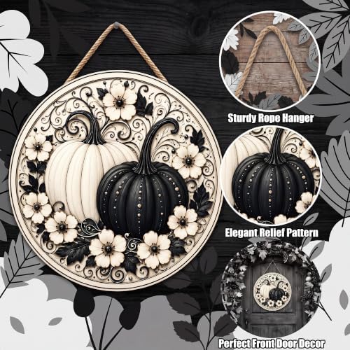 Fall Decor - Black and White Pumpkin Wreath Door Sign for Front Door
