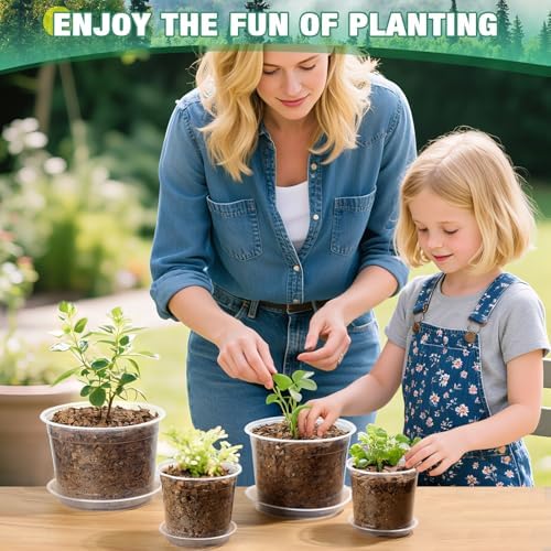 RAOOKIF 10 Inch Nursery Pots with Saucers, 4 Pack Large Size Clear Nursery Pots with Drainage Hole for Indoor Outdoor Plants, Plastic Clear Pots for Plants for Flowers, Succulents, Vegetable