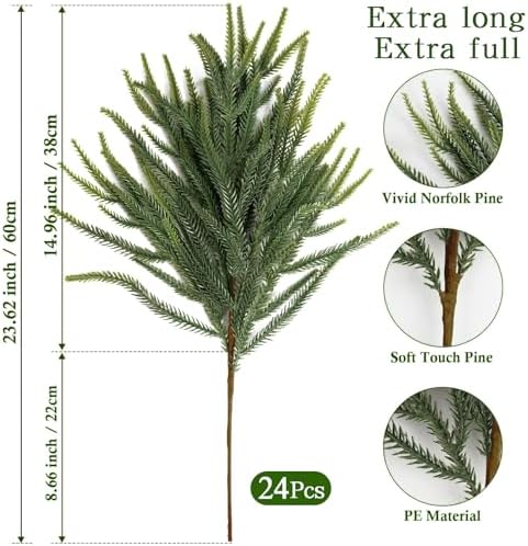 24PCS Christmas Norfolk Pine Stems Real Touch Branches Greenery Decorations
