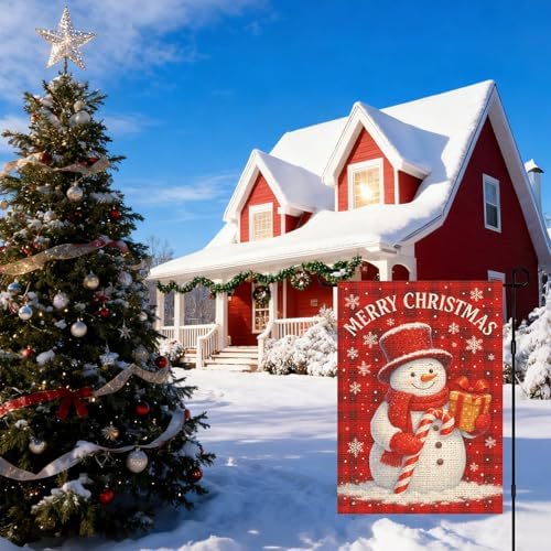 IVN Christmas Snowman Merry Christmas Garden Flag Yard Flag for Outside 12 x 18 Inch Double Sided Burlap Candy Cane Banner for Patio Lawn Home Outdoor Decoration