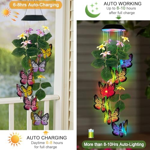 Solar Wind Chimes Outdoor,Colorful Butterfly & Color Changing LED Mobiles