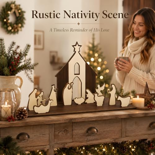 Christmas Decorations - 13Pcs Wooden Holy Night Nativity Table Decor