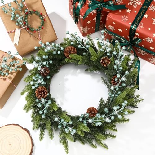 Geosar 30 Pieces Artificial Christmas Berry Picks with Snowflake Glitter Holly Berry Stems for Christmas Tree Ornaments Vases DIY Crafts Wedding Party Holiday Decor(Turquoise)