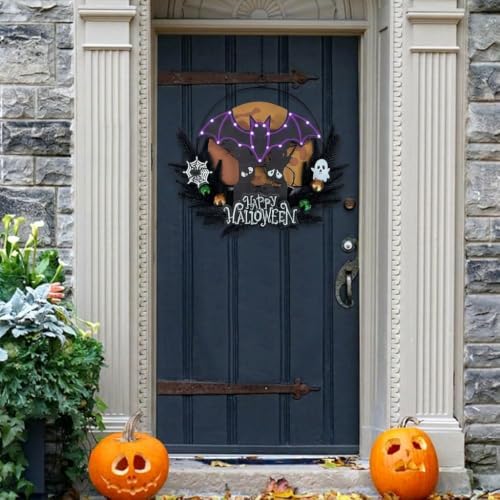 Pre-Lit Halloween Wreath for Front Door, Lighted Witch with 6H On/18H Off