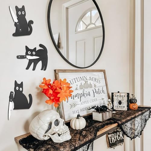 Dripykiaa Funny Black Cat Halloween Wall Decor Set, 3 Pcs Wooden Cats