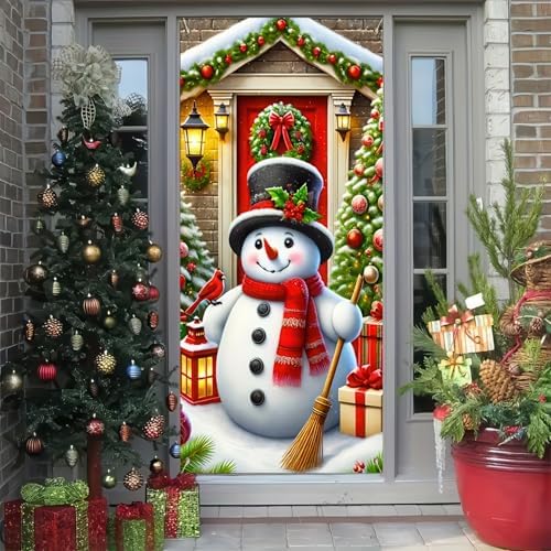 BlissYard Christmas Door Cover Snowman Lantern 35x71 Inch Polyester