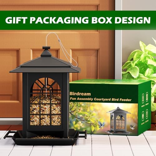 Birdream 2 Pack Bird Feeders for Outdoor Hanging, Assembly Required, 1-Min Easy Setup, Classic Courtyard Design, Attracting Cardinals Chickadees Goldfinches & Sparrows, Total 7 LB - Black
