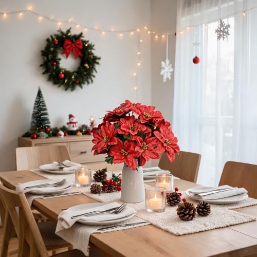 3 Pack Artificial Poinsettia Bushes, 11.8" Faux Red Poinsettia Flowers with 7 Heads Each, Realistic Silk Christmas Flower Picks for Tree, Wreath, Garland, Table Centerpieces, Holiday Décor