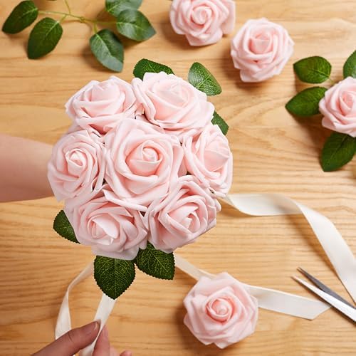 16 Pcs Pink Artificial Flowers, Fake Roses with Stems