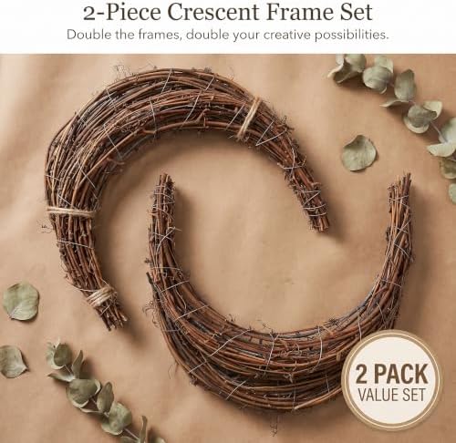 Veemoon 2pcs Moon Rattan Wreath, Small Natural Grapevine Garland DIY Crafts Plant Vine Wreath Front Door Vine Branch Half Moon Frame Wired Macrame Door Decor for Christmas Wedding Party, 9.8 Inch