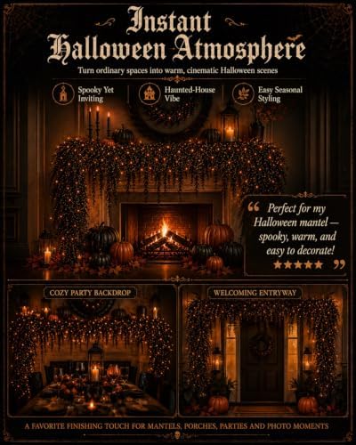 Halloween Garland with Lights, Creepy Black Vine Garland for Mantel Decor