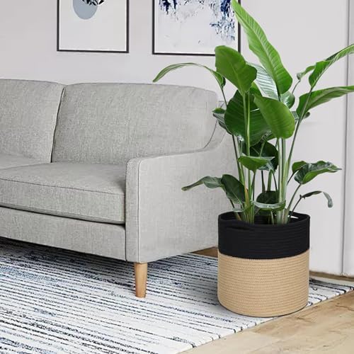 MEGASKET Wicker Plant Basket Indoor, 11" x 11" Jute Spliced Cotton Rope Basket Planter for 10" Pot, Woven Flower Tree Pots Cover, Small Floor Indoor Planters, Modern Bins for Plants and Home Decor
