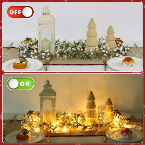Breeze Touch Christmas Garland with Lights Battery Operated, 5.9ft 20 LED White Berry Lighted Garland, Christmas Decorations Prelit Garland Indoor Outdoor Fireplace Stairs Railing Mantle Decor