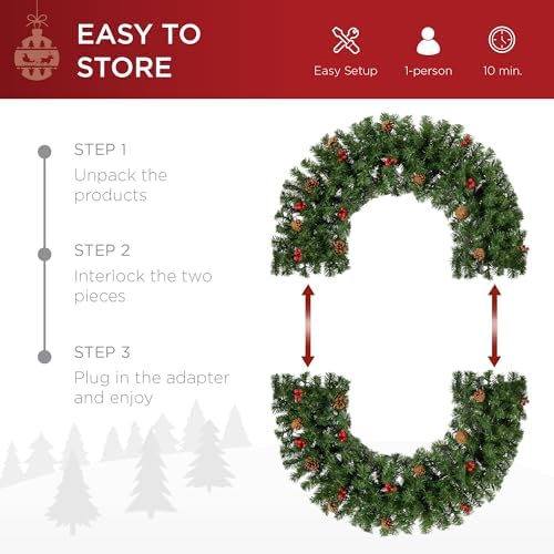 Best Choice Products 48in Pre-Lit Christmas Wreath w/Berries & Pinecones, Large Artificial Indoor/Outdoor Decor for Door, Mantel, Plug-in