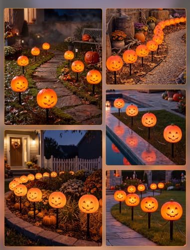 Halloween Pumpkin Pathway Lights 7FT, 4 Pack Jack O Lantern Stakes C7 LED