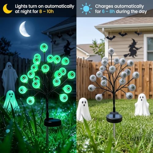 2PCS Solar Eyes Stake Pathway Lights, IP65 Waterproof Halloween Outdoor Decor with Steady On & Flash Lighting Modes，Solar-Powered Decor for Garden Yard Lawn Halloween Party (Green Eyes)
