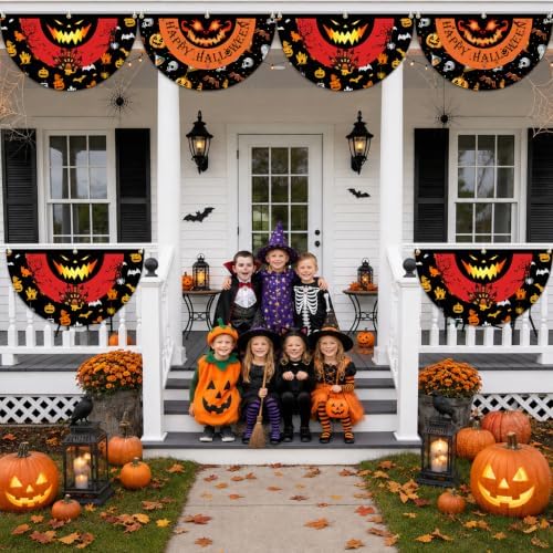4 Pcs Happy Halloween Fan Flag Banner, Monster Eyes Yard Fence Wall Hanging Bunting Flag - Indoor/Outdoor Decoration, 1.5x3 Ft