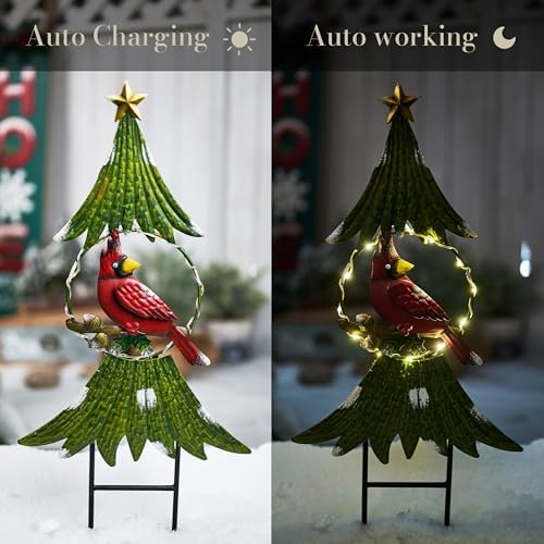TERESA'S COLLECTIONS Metal Christmas Tree Decorations Cardinal Garden Stake with Solar Light, Outdoor Christmas Decor for Home, Waterproof Xmas Decoraions for Yard, Holiday Party Gifts, 31"