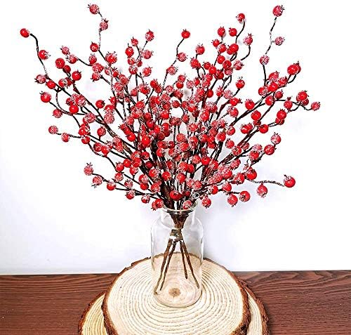 Fangoo Christmas Artificial Long Snow Red Berry Stems, 6 PCS, 19.7 Inch