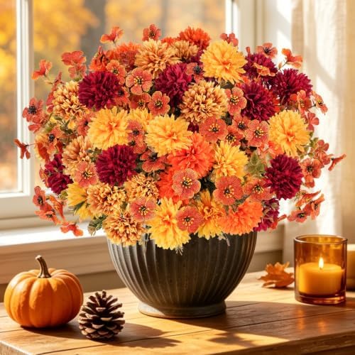 12 PCS Artificial Fall Flowers for Outdoors, UV Resistant Fake Mums