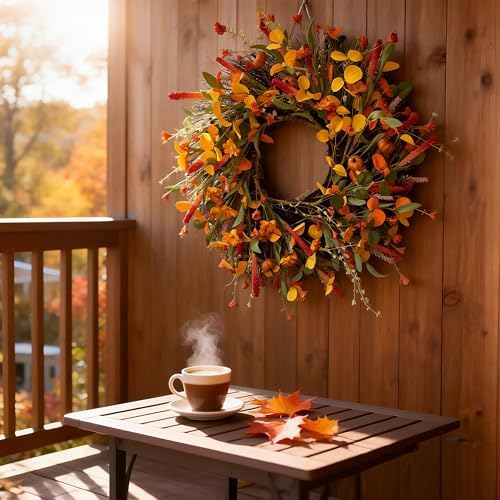 HipTree 24 Inch Fall Wreath for Front Door, Autumn Wreath with Mini Pumpkin