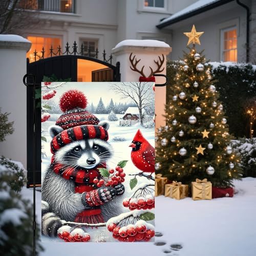 BlissYard Garden Flag Raccoon Red Scarf Winter 12x18 Inch Polyester