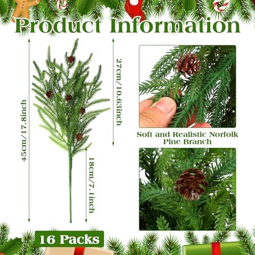 Yinder Xmas Artificial Norfolk Pine Branches with Pine Cones, 16 Pcs