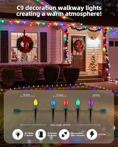 Christmas Pathway Lights Outdoor,51.4 Ft C9 Lights with 40 Multicolor Bulbs